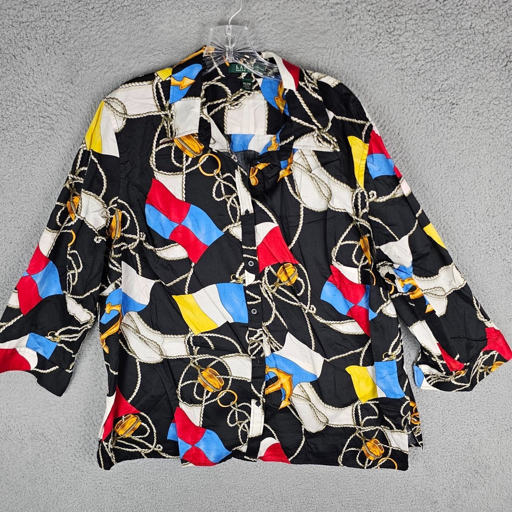 Lauren Ralph Lauren Shirt Women's 2X Multi Nautical Gaudy Busy Allover Button Up